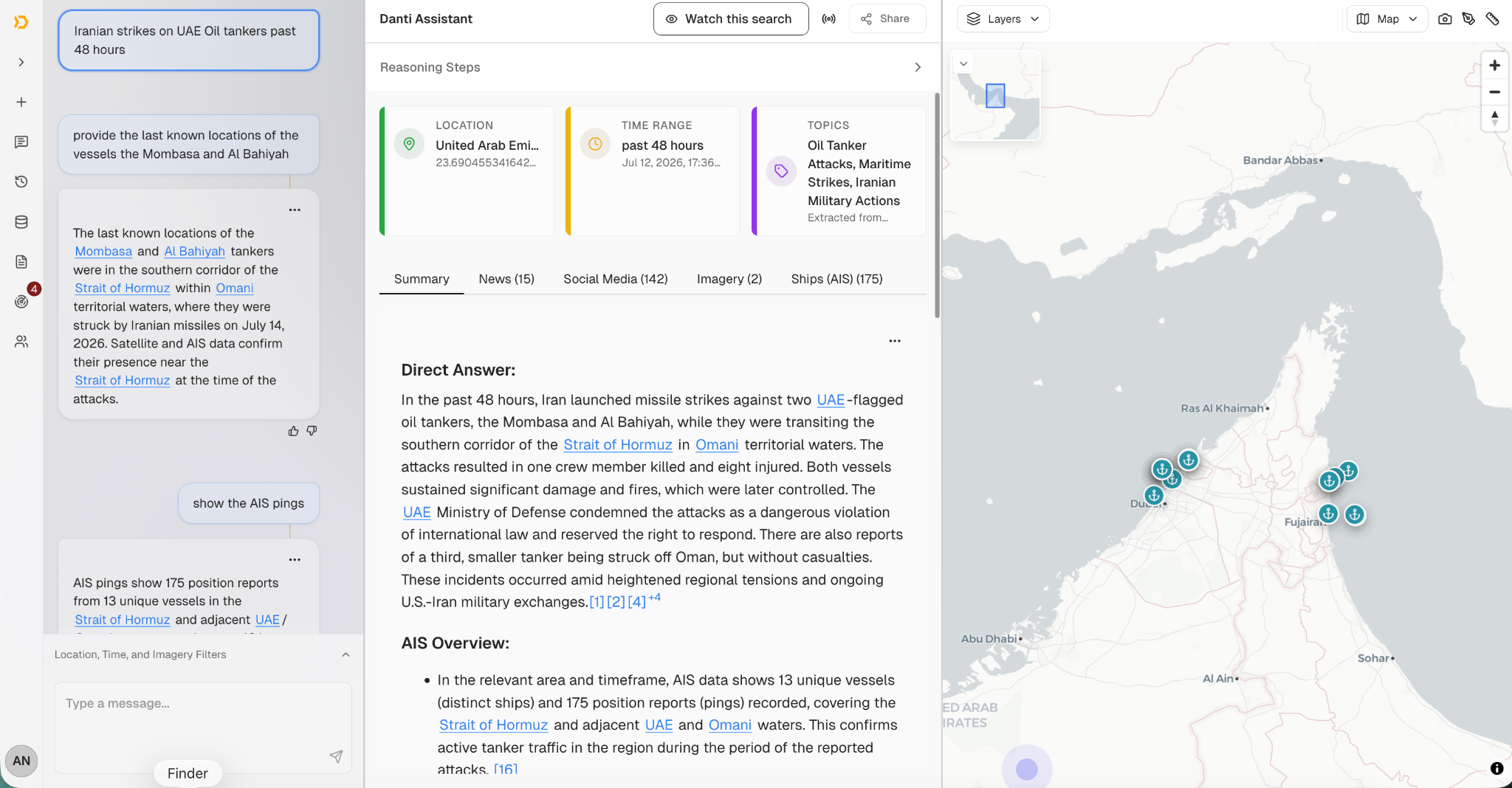 Assistant analysis of tanker strikes near the Strait of Hormuz with AIS map
