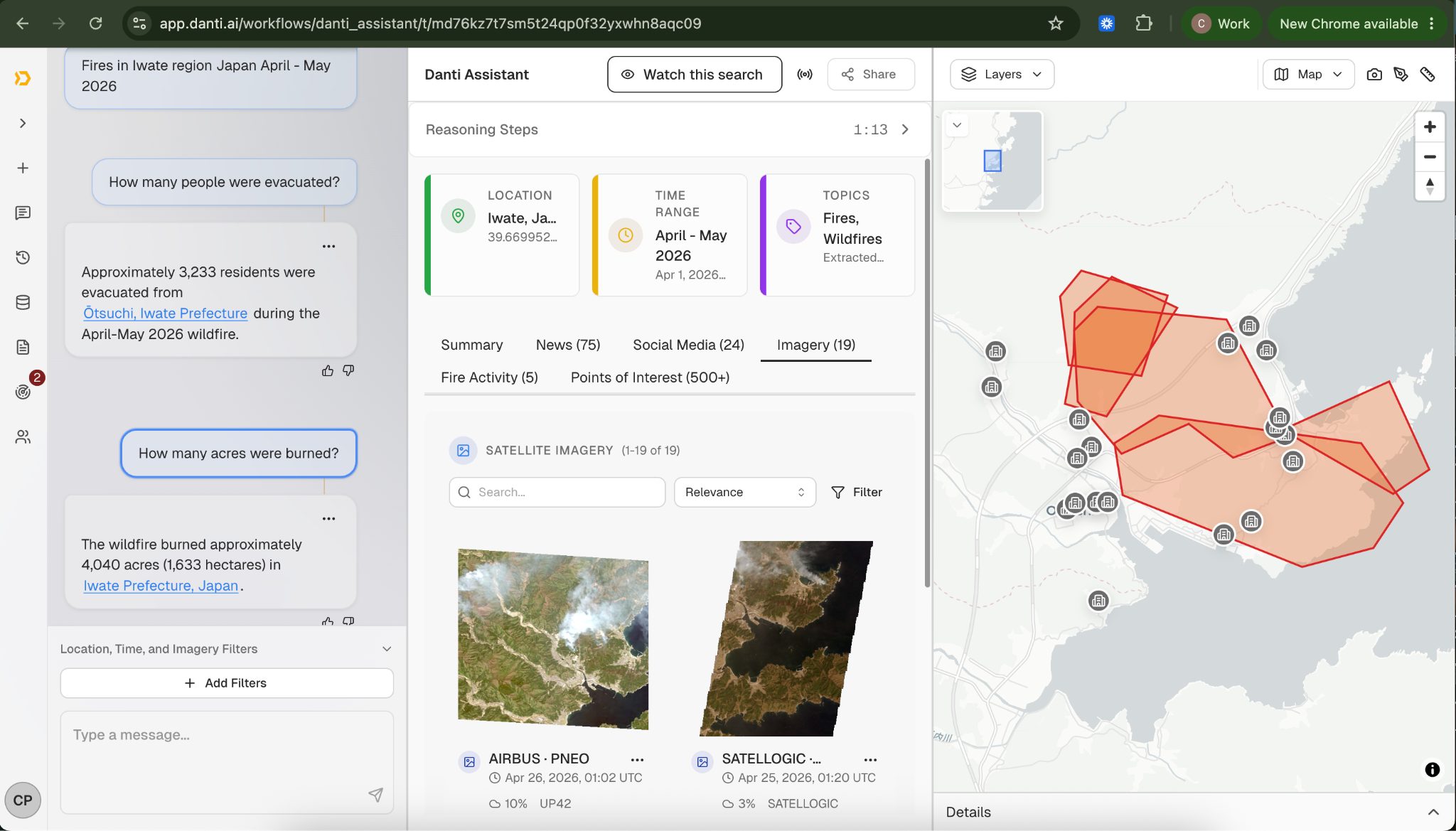 Wildfire imagery and burned-area map for fires in Iwate, Japan