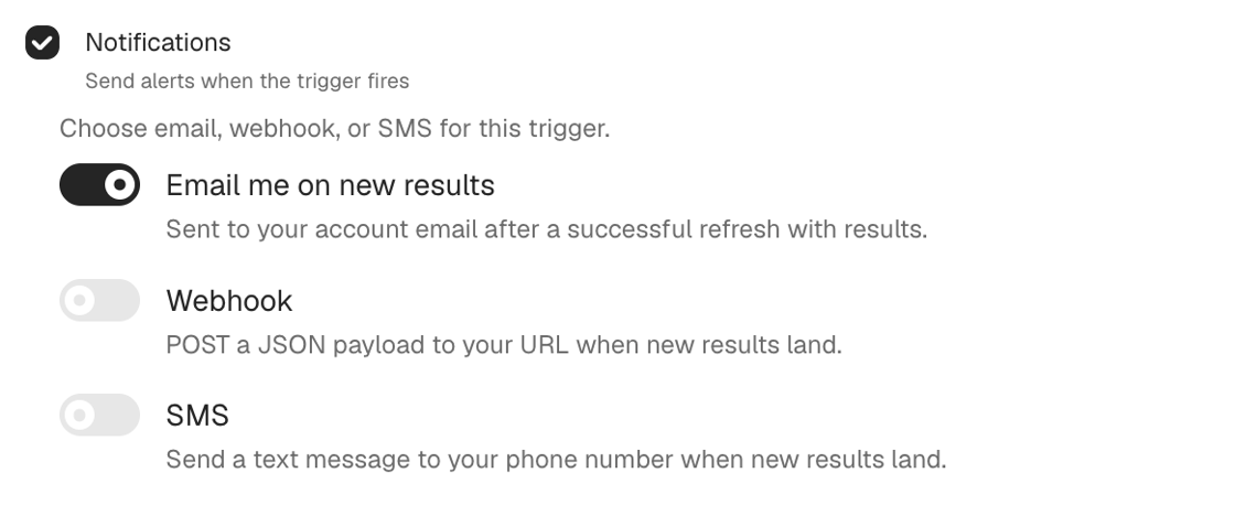 Event Trigger notification settings for email, webhook, and SMS