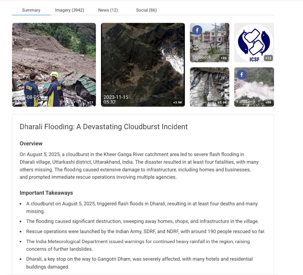 Danti interface showing Summary tab with flood imagery from Dharali, Uttarkashi. Left shows 2025-08-05 street flooding photo, center displays 2023-11-15 satellite imagery, right shows Facebook and ICSF social media posts. Below is detailed analysis titled "Dharali Flooding: A Devastating Cloudburst in Uttarkashi" with overview and key takeaways.