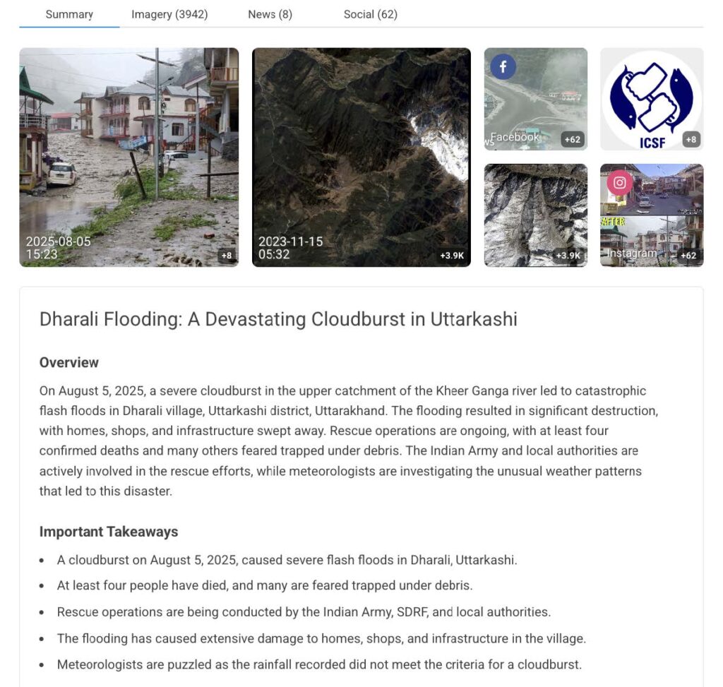 Danti platform displaying Dharali flooding analysis with rescue operations imagery from 2025-08-05 showing NDRF personnel, satellite imagery from 2023-11-15, and social media posts from Facebook. Summary section provides incident overview with key takeaways about the cloudburst disaster.