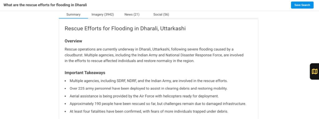 Danti platform showing rescue efforts analysis for Dharali flooding with search query visible. Summary tab displays rescue operations overview with key takeaways including 225 army personnel deployed, 190 people rescued, and multi-agency coordination.